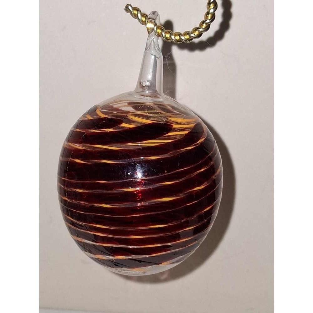 Signed JB '88 Hand Blown Studio Art Glass Ornament Amber Ribbon Swirl Clear Glas